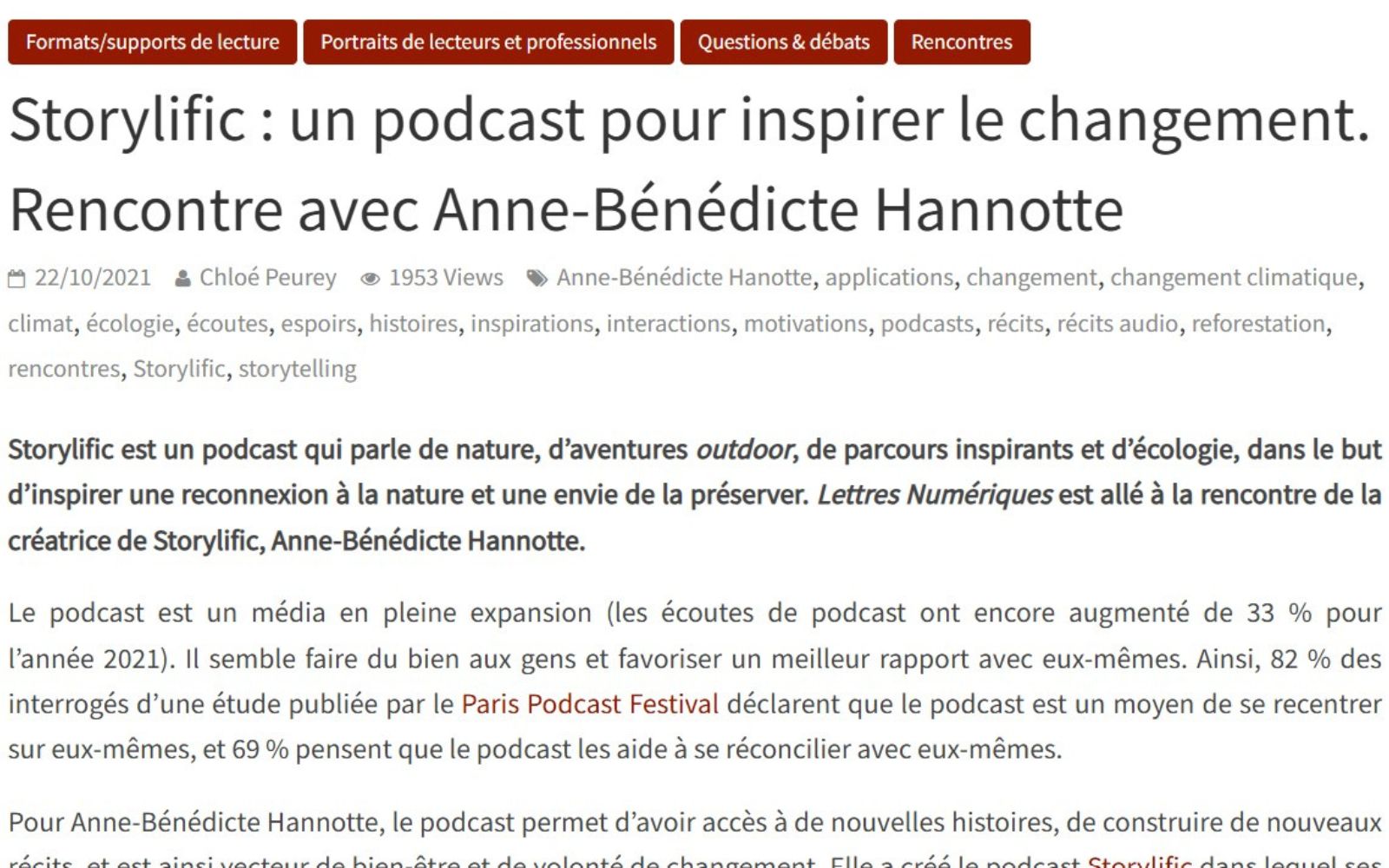 Lettres Numériques article Storylific article sur Storylific dans Lettres Numériques : aperçu