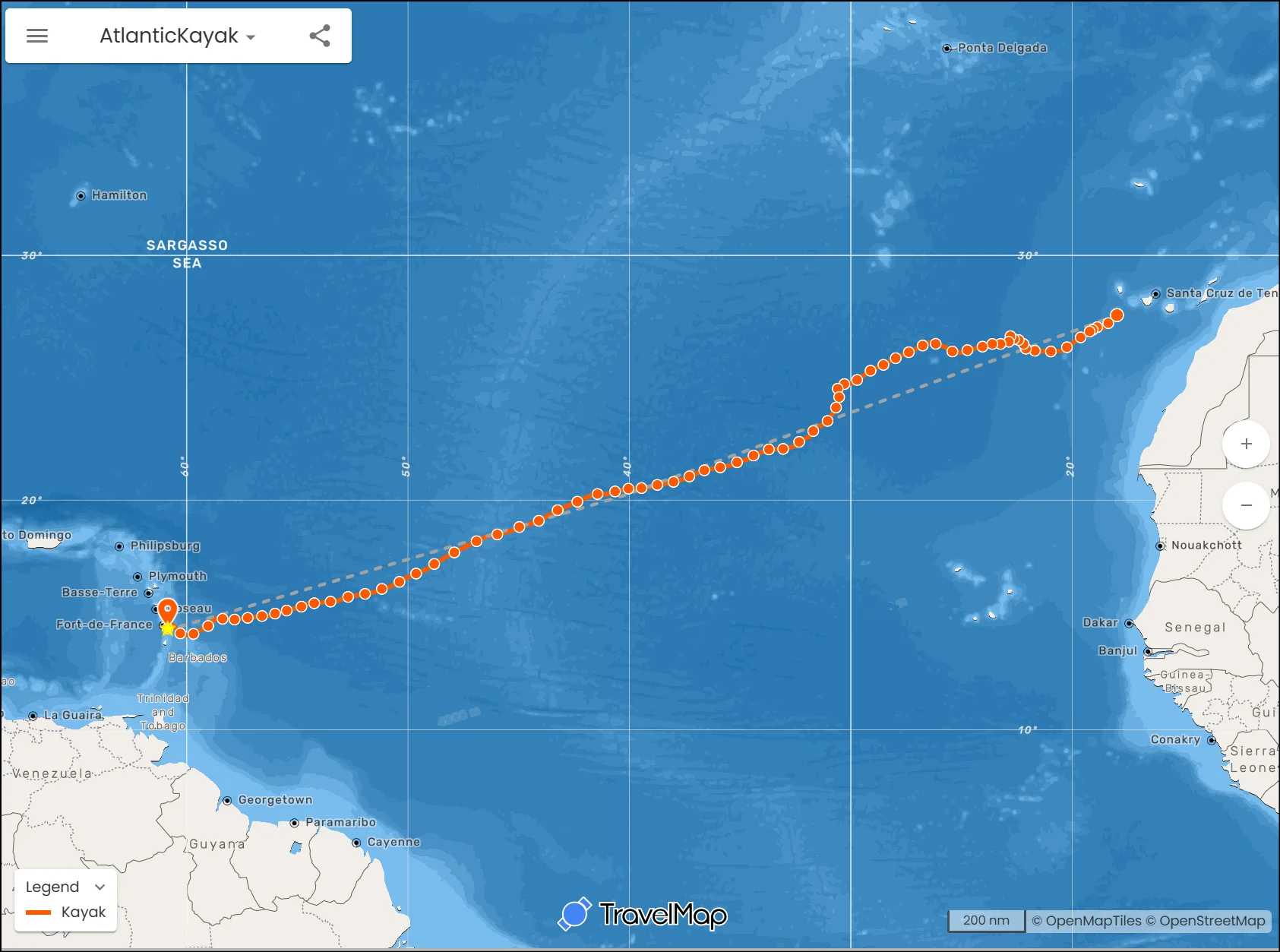 Carte montrant le parcours de Cyril Derreumaux, des Canaries jusqu'à la Martinique, lors de sa traversée de l'Atlantique en kayak